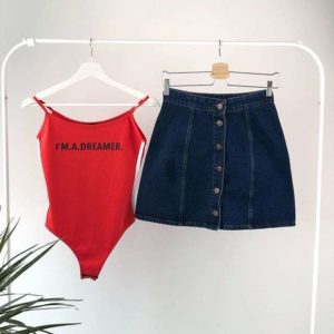 Bodysuit Sıra Düğmeli Kot Etek