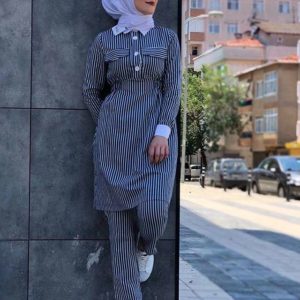 Çizgili Tunik Pantolon Takım