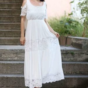 Kolları Güpürlü Uzun Elbise