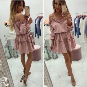 Eteği ve Yakası Fırfırlı Elbise