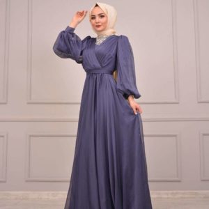 Yakası Taş Detaylı Abiye Elbise