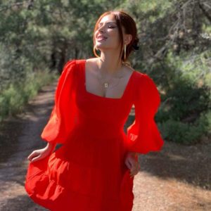 Karpuz Kol Detaylı Mini Elbise