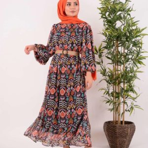 Desenli Astarlı Şifon Elbise